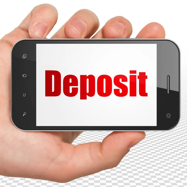 Money concept: Hand Holding Smartphone with Deposit on display — Stock Photo, Image