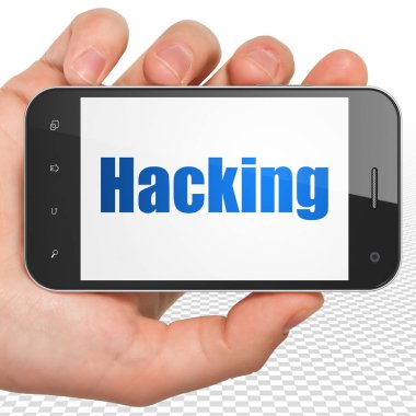 Emniyet konsepti: el Holding Smartphone ile ekranda Hacking