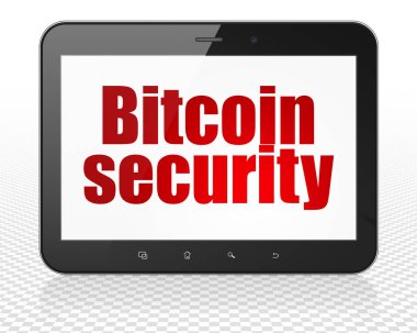 Cryptocurrency kavramı: Tablet Pc bilgisayar ile ekranda Bitcoin güvenlik