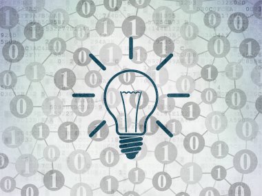 Finans kavramı: Dijital Veri Kağıdı arkaplanındaki Ampul