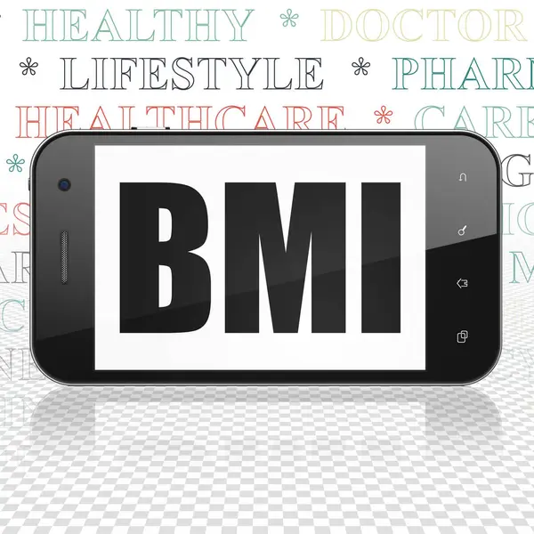 Concepto de salud: Smartphone con IMC en pantalla — Foto de Stock