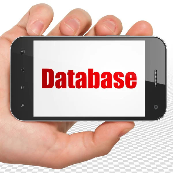 Database concept: Hand Holding Smartphone met Database op display — Stockfoto