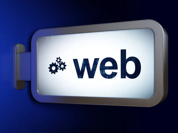 Concepto de diseño web: Web y engranajes en fondo de valla publicitaria — Foto de Stock