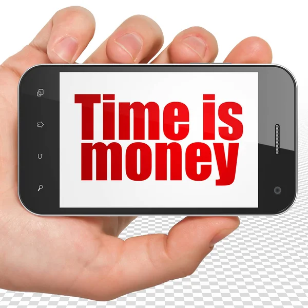 Time concept: Hand Holding Smartphone with Time is Money on display — Stock Photo, Image