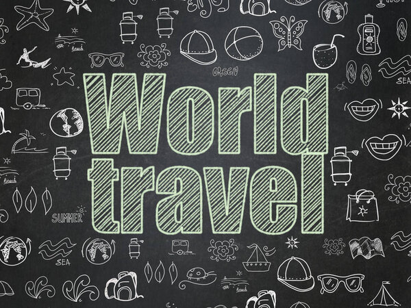 Vacation concept: Chalk Green text World Travel on School board background with Hand Drawn Vacation Icons, School Board