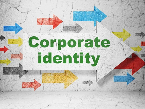 Concepto de negocio: flecha con identidad corporativa sobre fondo de pared grunge — Foto de Stock