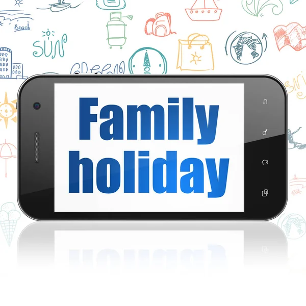 Concepto de viaje: Smartphone con vacaciones en familia en pantalla —  Fotos de Stock