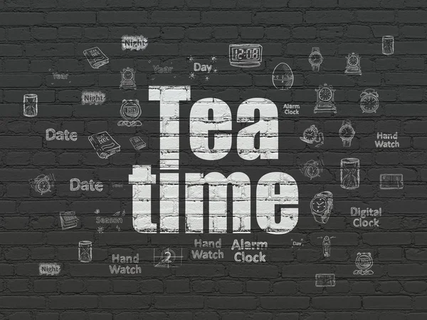 Concepto de tiempo: Tiempo de té en el fondo de la pared —  Fotos de Stock