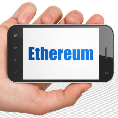 Cryptocurrency kavramı: el Smartphone ile ekranda Ethereum Holding