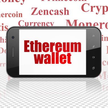 Cryptocurrency kavramı: Smartphone ile ekranda Ethereum cüzdan