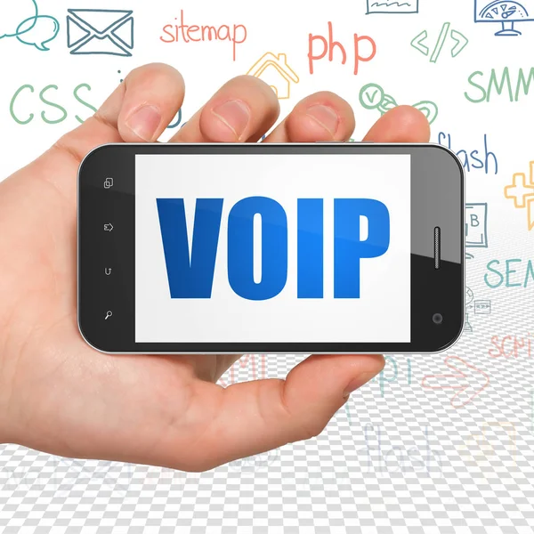 Webdesign-Konzept: Smartphone mit VoIP-Display in der Hand — Stockfoto
