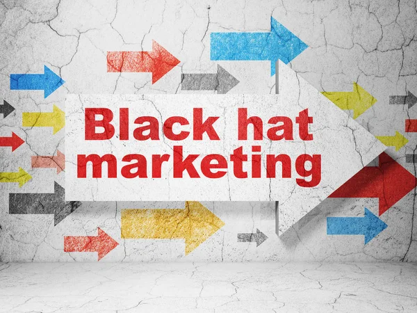 Concetto pubblicitario: freccia con Black Hat Marketing su sfondo grunge wall — Foto Stock