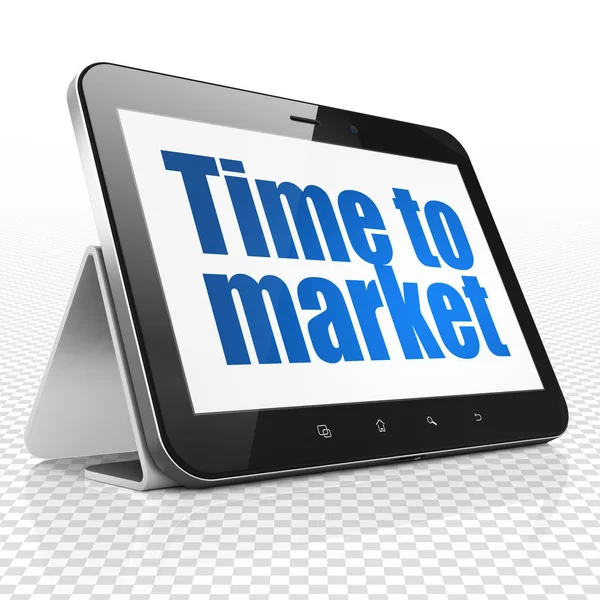 Concepto de tiempo: Tablet Computer con Time to Market en pantalla —  Fotos de Stock