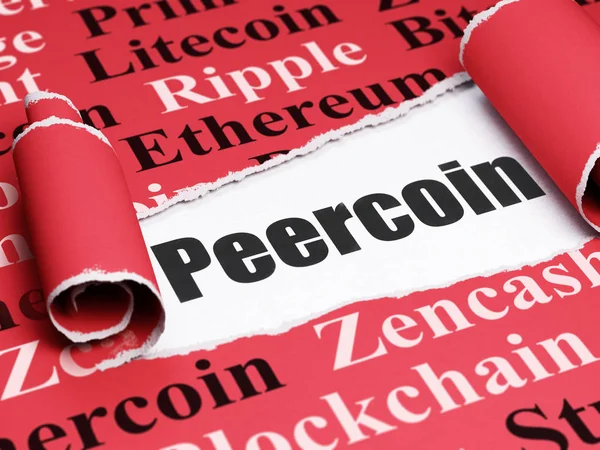 Cryptocurrency concept: black text Peercoin under the piece of  torn paper