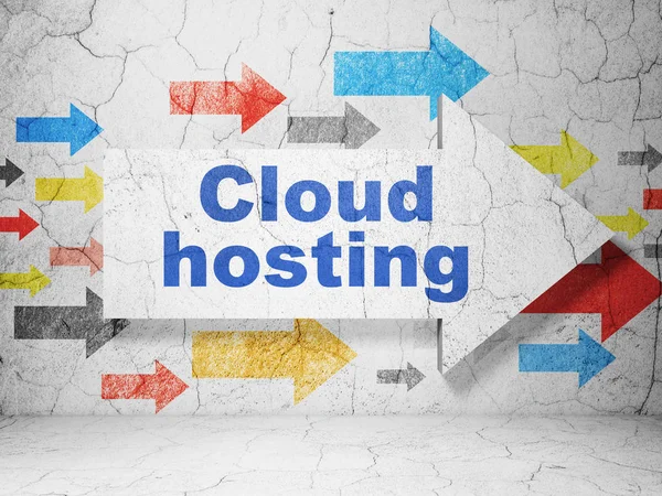 Cloud-Technologie-Konzept: Pfeil mit Cloud-Hosting vor Grunge-Hintergrund — Stockfoto