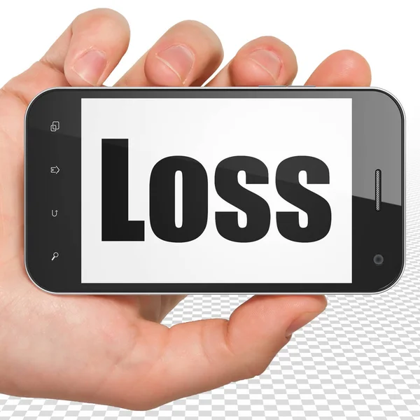 Finance koncept: Hand hålla Smartphone med förlust på displayen — Stockfoto
