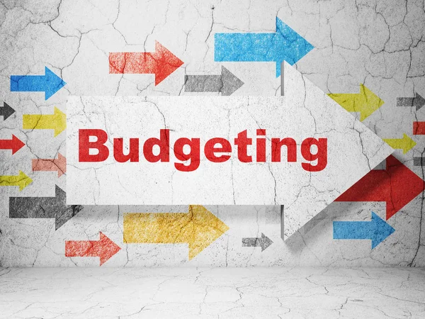 Concetto di finanza: freccia con Budgeting su sfondo grunge wall — Foto Stock