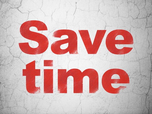 Time concept: Red Save Time on textured concrete wall background