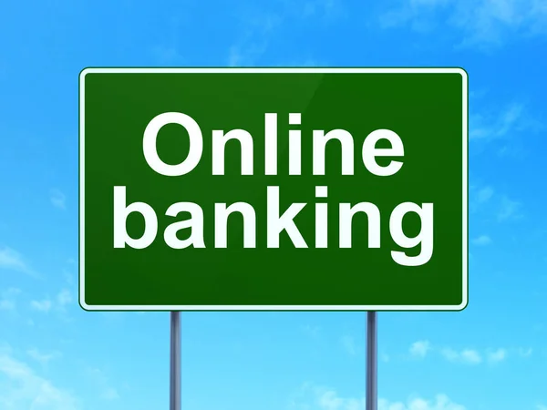 Χρήματα έννοια: Online Banking σε οδικό σημάδι φόντο — Φωτογραφία Αρχείου