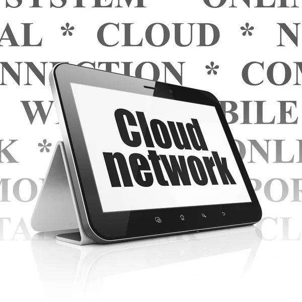 Cloud-Computing-Konzept: Tablet-Computer mit Cloud-Netzwerk auf dem Bildschirm — Stockfoto