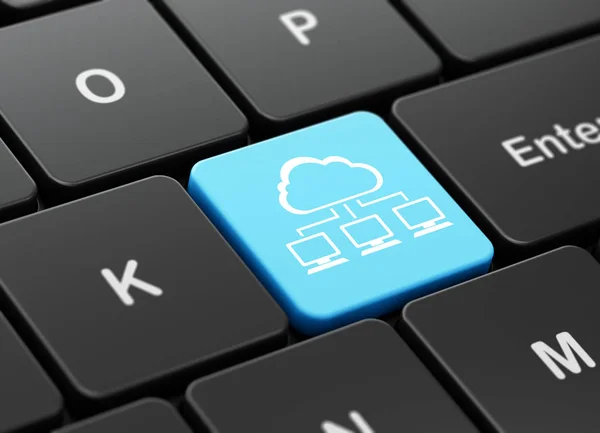 Conceito de tecnologia de nuvem: Rede de nuvem no fundo do teclado do computador — Fotografia de Stock