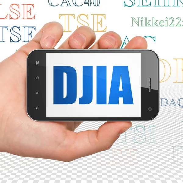 Concept d'indices boursiers : Smartphone à main avec DJIA à l'écran — Photo