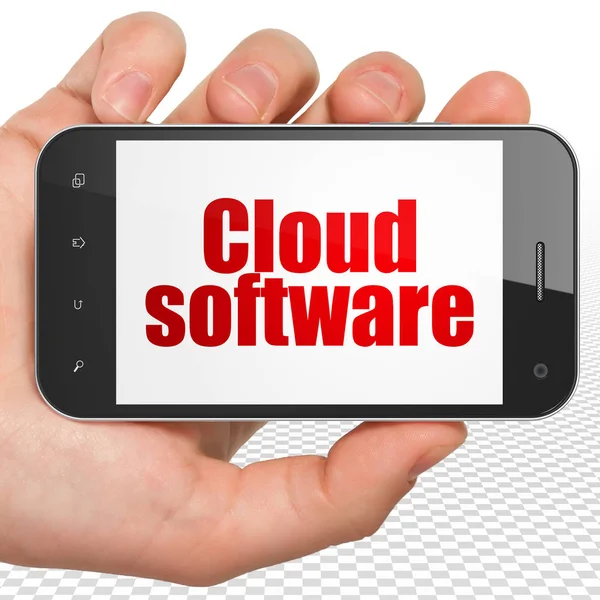 Cloud-teknik konceptet: Hand hålla Smartphone med moln programvara på displayen — Stockfoto