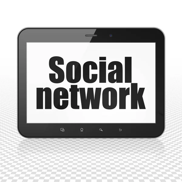 Концепція соціальних мереж: планшетний комп'ютер з соціальною мережею на дисплеї — стокове фото