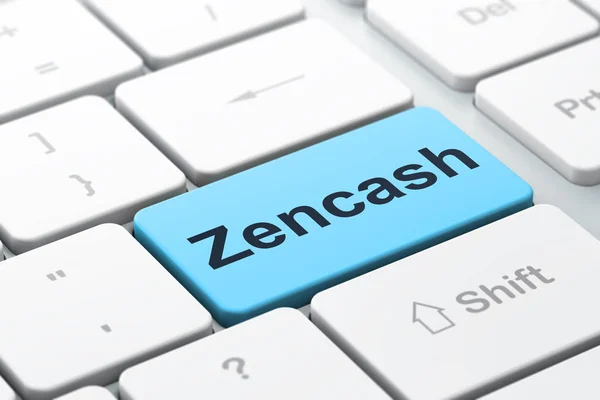 Концепция блокчейна: Zencash на фоне клавиатуры компьютера — стоковое фото