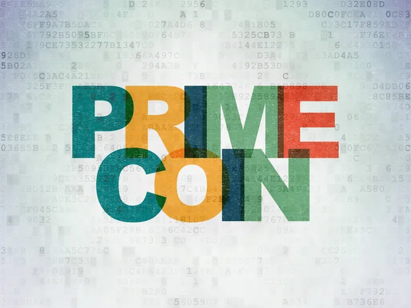 Konsep Blockchain: Primecoin pada latar belakang Digital Data Paper — Stok Foto