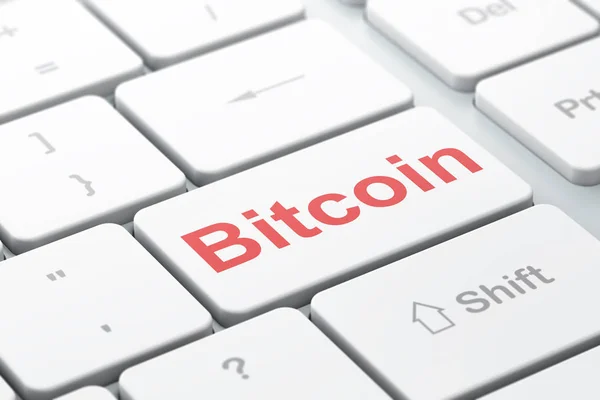 Concepto de cadena de bloques: Bitcoin en el fondo del teclado del ordenador — Foto de Stock