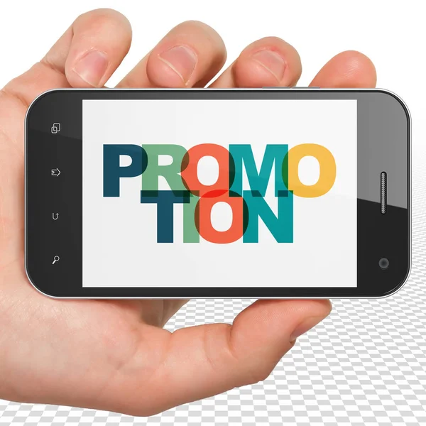 Concepto de marketing: Smartphone de mano con promoción en pantalla — Foto de Stock