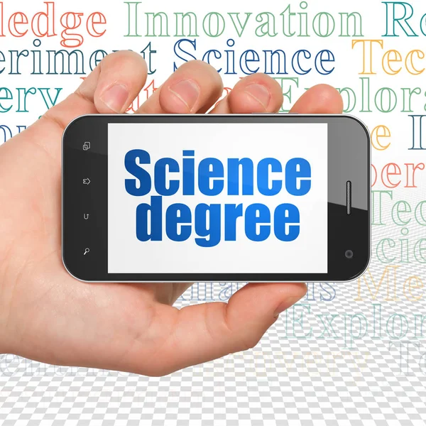 Science concept: Hand Holding Smartphone with Science Degree on display — Stock Photo, Image