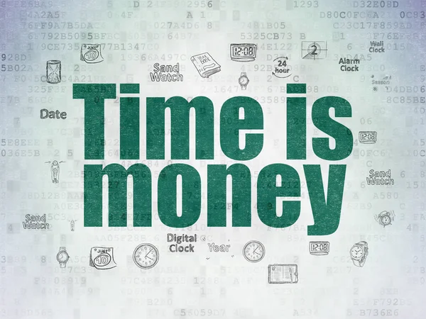 Концепция хронологии: Время - это деньги на фоне цифровых документов — стоковое фото