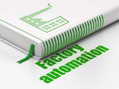 Endüstri kavramı: kitap sanayi bina, Fabrika Otomasyonu beyaz arka plan üzerinde