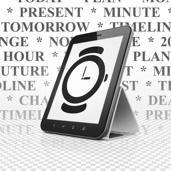 Conceito de linha do tempo: Tablet Computer com relógio de mão em exibição — Fotografia de Stock