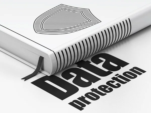 Концепция защиты: книга Щит, защита данных на белом фоне — стоковое фото