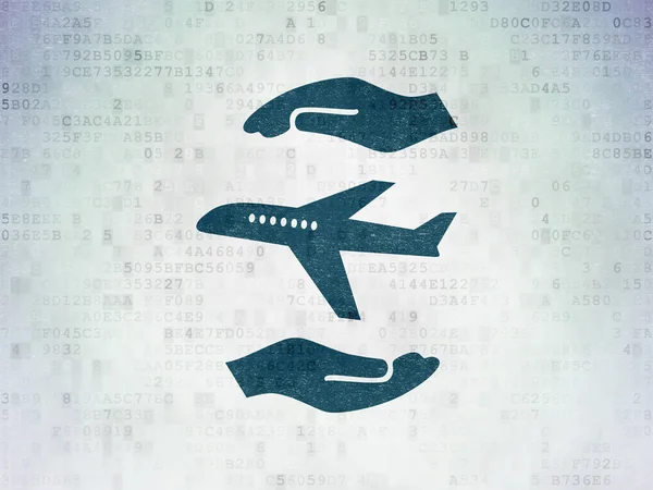 Biztosítási koncepciót: repülőgép és Tenyér digitális adatok papír alapon — Stock Fotó