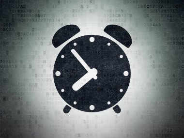 Zaman çizelgesi kavramı: Dijital Veri Kağıdı arkaplanındaki Alarm Saati