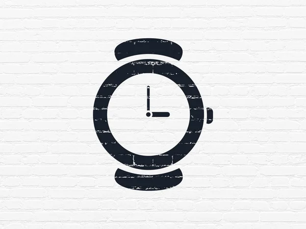Koncepcja Timeline: ręki zegarek na tle ściany — Zdjęcie stockowe
