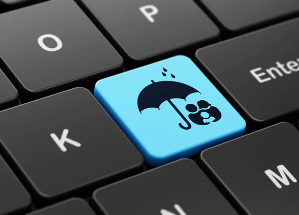 Koncepce ochrany: rodina a deštník na pozadí klávesnice počítače — Stock fotografie