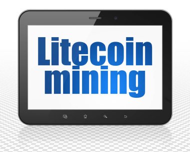 Blockchain kavramı: Tablet Pc bilgisayar ile Litecoin madenciliği ekranda