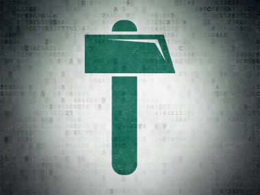 İnşaat kavramı: dijital veri kağıt arka plan üzerinde çekiç