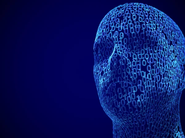 Umělá inteligence nebo koncepce hlubokého strojového učení: mužská tvář sestávající z binárního kódu. — Stockový vektor