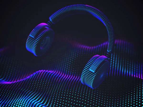 Słuchawki 3D na tle fali dźwiękowej. Kolorowa abstrakcyjna wizualizacja dźwięku cyfrowego. — Wektor stockowy