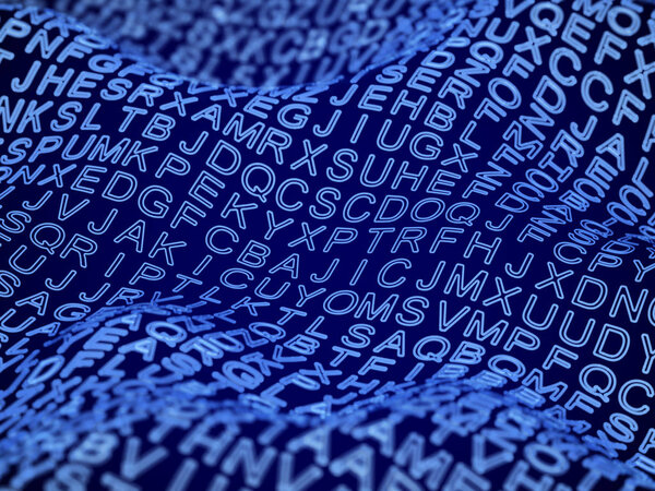 Random 3D digital letters of English alphabet on digital wave surface.