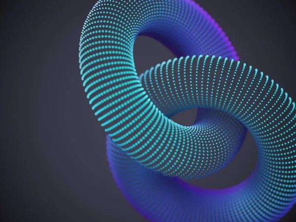 Torus 3D enlazado compuesto de partículas brillantes sobre fondo oscuro . — Vector de stock