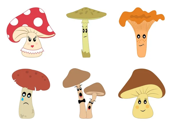 Cogumelos Vetor Definido Com Emoções Diferentes — Vetor de Stock