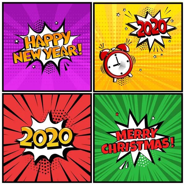 Праздничные комиксы на Рождество или Новый год, речевые пузыри в стиле поп-арта. Вектор — стоковый вектор