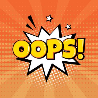 Tüh. Turuncu arka planda beyaz çizgi roman balonu. Komik ses efektleri, yıldızlar ve yarım ton pop sanatının gölgesi. Vektör